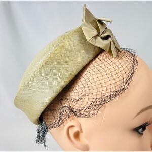 Women's Vintage Band Hat Bronze Linen Bow Veil MCM Union Made 1960s
